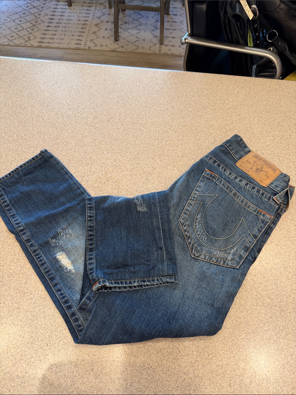 True Religion Men's Dark Blue Straight Leg Jeans With Distressed Details 30x 31